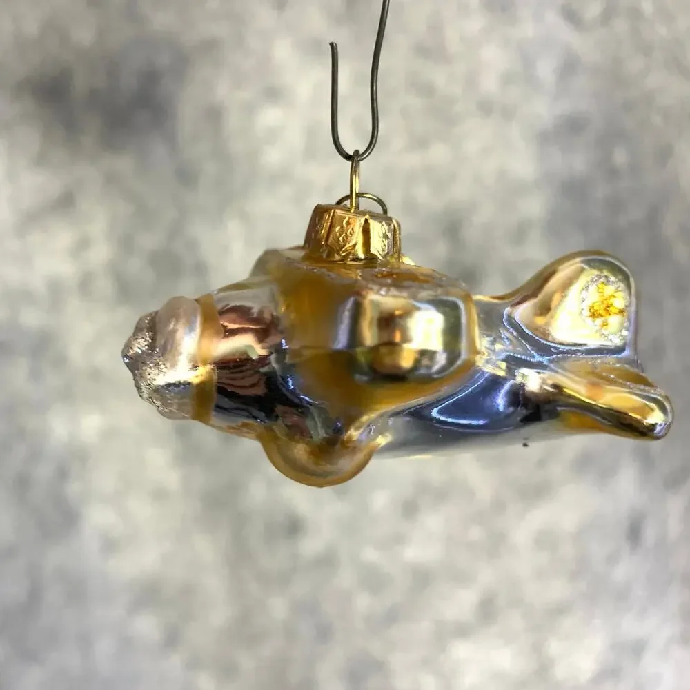 Vintage Dept. 56 Glass Ornament, Tiny Airplane in Gold and Silver, Glitter Shine